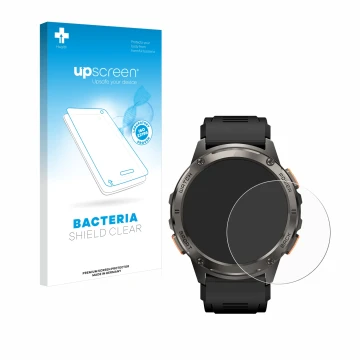 Parte frontal de un envase de producto con el logotipo de la marca upscreen. Al lado se muestra el dispositivo Kospet Tank T3 
