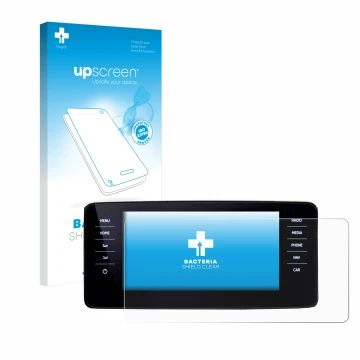 Parte frontal de un envase de producto con el logotipo de la marca upscreen. Al lado se muestra el dispositivo Skoda Kamiq 202