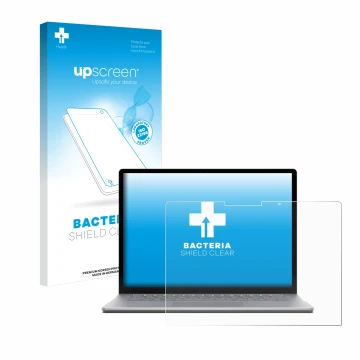 Parte frontal de un envase de producto con el logotipo de la marca upscreen. Al lado se muestra el dispositivo Microsoft Surfa