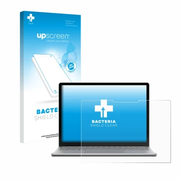 Parte frontal de un envase de producto con el logotipo de la marca upscreen. Al lado se muestra el dispositivo Microsoft Surfa