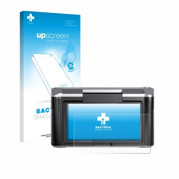 Parte frontal de un envase de producto con el logotipo de la marca upscreen. Al lado se muestra el dispositivo Revopoint Mirac