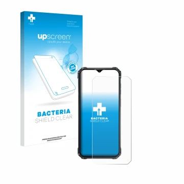 Parte frontal de un envase de producto con el logotipo de la marca upscreen. Al lado se muestra el dispositivo Oukitel WP36 co