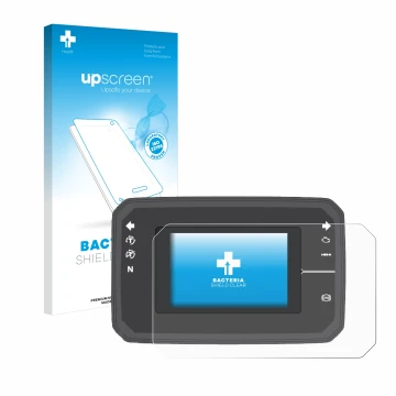 Parte frontal de un envase de producto con el logotipo de la marca upscreen. Al lado se muestra el dispositivo Honda CB650R TF