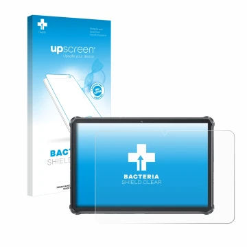Parte frontal de un envase de producto con el logotipo de la marca upscreen. Al lado se muestra el dispositivo Oukitel RT8 con
