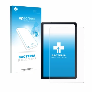 Parte frontal de un envase de producto con el logotipo de la marca upscreen. Al lado se muestra el dispositivo Samsung Galaxy 