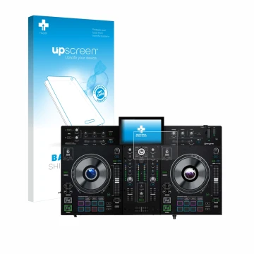 Parte frontal de un envase de producto con el logotipo de la marca upscreen. Al lado se muestra el dispositivo Denon DJ Prime 