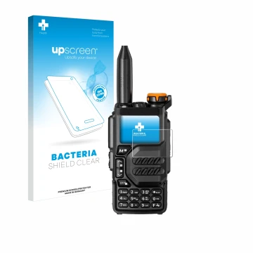 Parte frontal de un envase de producto con el logotipo de la marca upscreen. Al lado se muestra el dispositivo Quansheng UV-K5