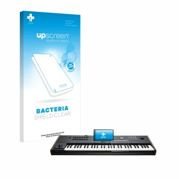 Parte frontal de un envase de producto con el logotipo de la marca upscreen. Al lado se muestra el dispositivo KORG Pa5X con s