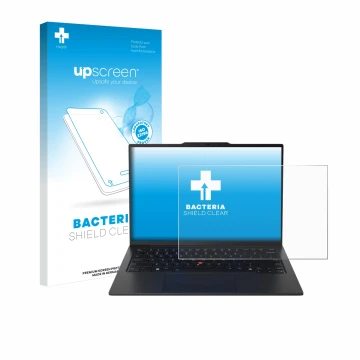 Parte frontal de un envase de producto con el logotipo de la marca upscreen. Al lado se muestra el dispositivo Lenovo ThinkPad