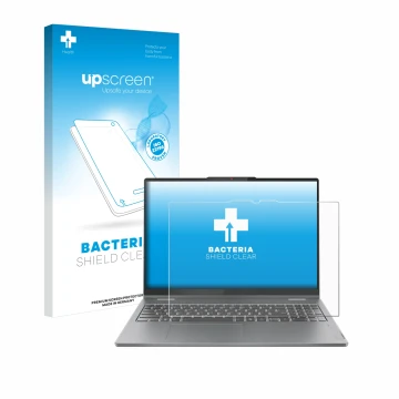 Parte frontal de un envase de producto con el logotipo de la marca upscreen. Al lado se muestra el dispositivo Lenovo IdeaPad 