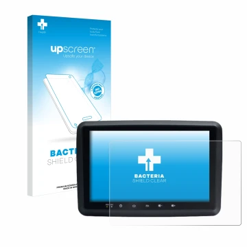 Parte frontal de un envase de producto con el logotipo de la marca upscreen. Al lado se muestra el dispositivo Idmedia 8