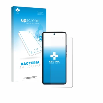 Parte frontal de un envase de producto con el logotipo de la marca upscreen. Al lado se muestra el dispositivo Vivo V40 SE con