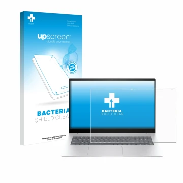 Parte frontal de un envase de producto con el logotipo de la marca upscreen. Al lado se muestra el dispositivo HP Envy 17 2024