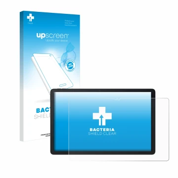 Parte frontal de un envase de producto con el logotipo de la marca upscreen. Al lado se muestra el dispositivo Blackview Mega 