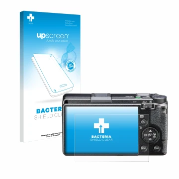 Parte frontal de un envase de producto con el logotipo de la marca upscreen. Al lado se muestra el dispositivo Ricoh GR III HD
