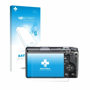 Parte frontal de un envase de producto con el logotipo de la marca upscreen. Al lado se muestra el dispositivo Ricoh GR IIIx H