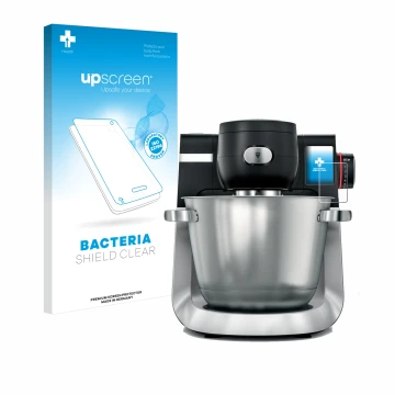Parte frontal de un envase de producto con el logotipo de la marca upscreen. Al lado se muestra el dispositivo Bosch MUM Serie