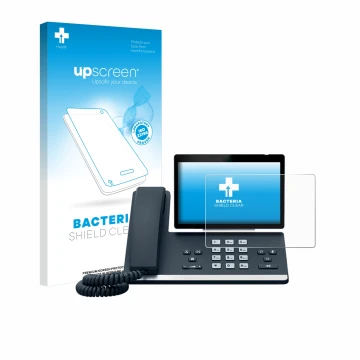 Parte frontal de un envase de producto con el logotipo de la marca upscreen. Al lado se muestra el dispositivo Yealink SIP-T57