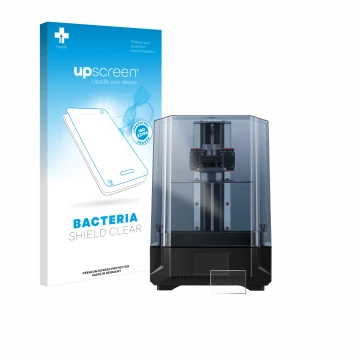 Parte frontal de un envase de producto con el logotipo de la marca upscreen. Al lado se muestra el dispositivo Anycubic Photon