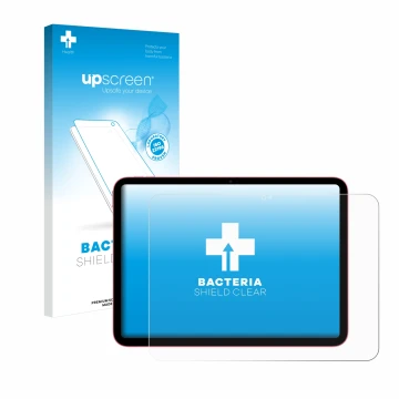 Parte frontal de un envase de producto con el logotipo de la marca upscreen. Al lado se muestra el dispositivo Apple iPad 10.9