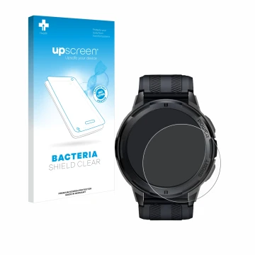 Parte frontal de un envase de producto con el logotipo de la marca upscreen. Al lado se muestra el dispositivo Oukitel BT10 1.