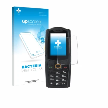 Parte frontal de un envase de producto con el logotipo de la marca upscreen. Al lado se muestra el dispositivo AGM M6 con su p