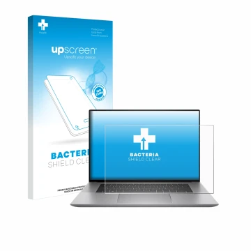Parte frontal de un envase de producto con el logotipo de la marca upscreen. Al lado se muestra el dispositivo HP Zbook Studio