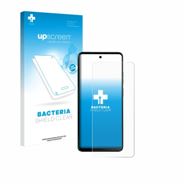 Parte frontal de un envase de producto con el logotipo de la marca upscreen. Al lado se muestra el dispositivo Motorola Moto G