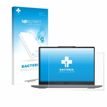 Parte frontal de un envase de producto con el logotipo de la marca upscreen. Al lado se muestra el dispositivo Lenovo IdeaPad 