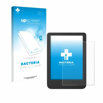 Parte frontal de un envase de producto con el logotipo de la marca upscreen. Al lado se muestra el dispositivo Tolino Shine 5 