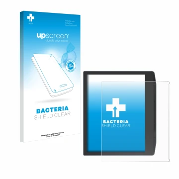 Parte frontal de un envase de producto con el logotipo de la marca upscreen. Al lado se muestra el dispositivo PocketBook Era 