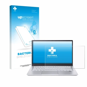 Parte frontal de un envase de producto con el logotipo de la marca upscreen. Al lado se muestra el dispositivo Acer Swift X 14