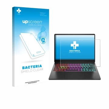 Parte frontal de un envase de producto con el logotipo de la marca upscreen. Al lado se muestra el dispositivo HP Omen Transce