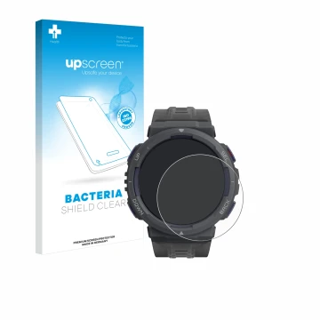 Parte frontal de un envase de producto con el logotipo de la marca upscreen. Al lado se muestra el dispositivo Amazfit Active 