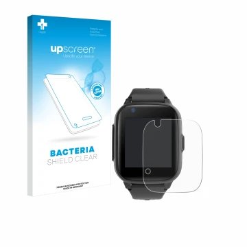 Parte frontal de un envase de producto con el logotipo de la marca upscreen. Al lado se muestra el dispositivo Leotec Kids All