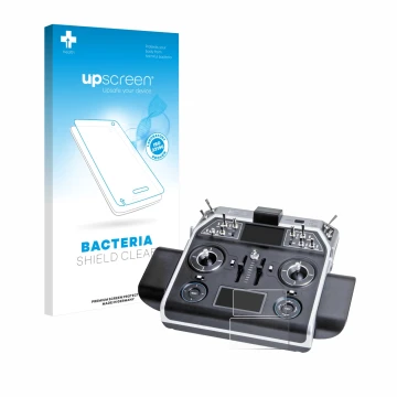 Parte frontal de un envase de producto con el logotipo de la marca upscreen. Al lado se muestra el dispositivo Graupner MC-28 