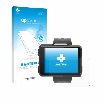 Parte frontal de un envase de producto con el logotipo de la marca upscreen. Al lado se muestra el dispositivo Newland WD1 con