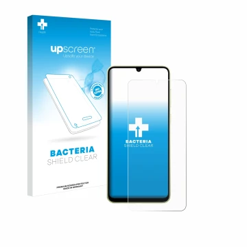Parte frontal de un envase de producto con el logotipo de la marca upscreen. Al lado se muestra el dispositivo Samsung Galaxy 