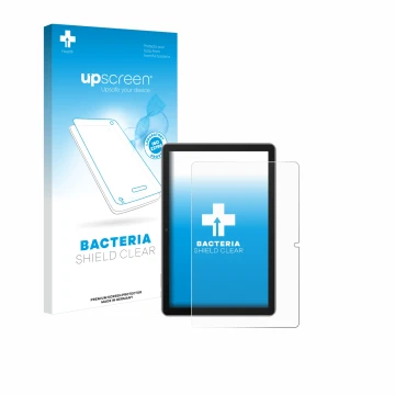 Parte frontal de un envase de producto con el logotipo de la marca upscreen. Al lado se muestra el dispositivo Blackview Tab 7