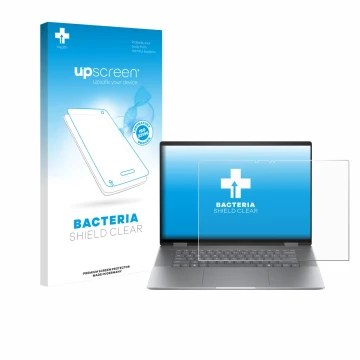 Parte frontal de un envase de producto con el logotipo de la marca upscreen. Al lado se muestra el dispositivo HP Envy x360 2-