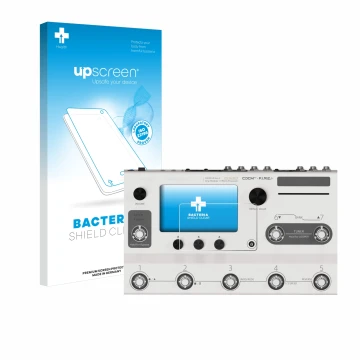 Parte frontal de un envase de producto con el logotipo de la marca upscreen. Al lado se muestra el dispositivo Hotone Ampero I