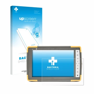 Parte frontal de un envase de producto con el logotipo de la marca upscreen. Al lado se muestra el dispositivo Topcon FC-6000 