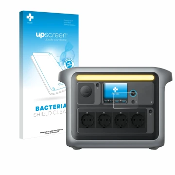 Parte frontal de un envase de producto con el logotipo de la marca upscreen. Al lado se muestra el dispositivo Anker SOLIX C10