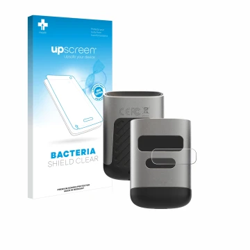 Parte frontal de un envase de producto con el logotipo de la marca upscreen. Al lado se muestra el dispositivo Opticon OPN-600