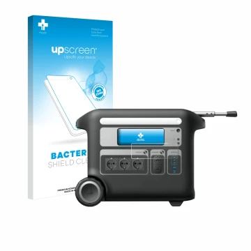 Parte frontal de un envase de producto con el logotipo de la marca upscreen. Al lado se muestra el dispositivo Anker SOLIX F20