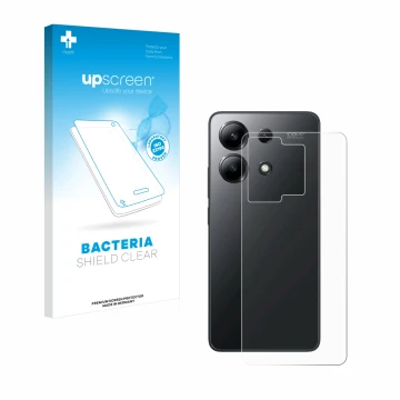 Parte frontal de un envase de producto con el logotipo de la marca upscreen. Al lado se muestra el dispositivo Xiaomi Redmi No