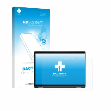 Parte frontal de un envase de producto con el logotipo de la marca upscreen. Al lado se muestra el dispositivo Dell Latitude 7