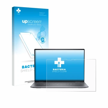 Parte frontal de un envase de producto con el logotipo de la marca upscreen. Al lado se muestra el dispositivo Dell Latitude 9