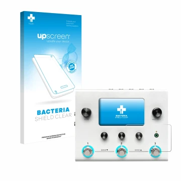 Parte frontal de un envase de producto con el logotipo de la marca upscreen. Al lado se muestra el dispositivo Hotone Ampero I