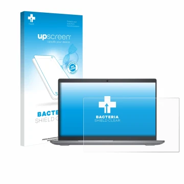 Parte frontal de un envase de producto con el logotipo de la marca upscreen. Al lado se muestra el dispositivo Dell Latitude 5